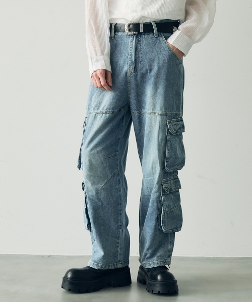 Shoowtime（ショウタイム）の「Vintage Wash Denim Cargo Pants / ビンテージウォッシュデニムカーゴパンツ（デニムパンツ・メンズ・ライトブルー・MEDIUM/LARGE/X-LARGE）」の4枚目の写真