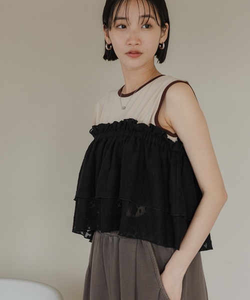 LOWRYS FARM（ローリーズファーム）の「レースジャガードビスチェ　498421（キャミソール・レディース・ブラック/アイボリー/オフホワイト・FREE）」の3枚目の写真