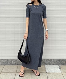 ISOOK | 【ISOOK / アイスー】アシンメトリーカットリブワンピ / カットアウト リブワンピ 肩あき 肩だし 半袖 5分袖 タイト Iライン ロング丈 マキシ丈 ワンピース ブラック チャコール グレー 低身長 黒 ZOZOTOWN限定(ワンピース)