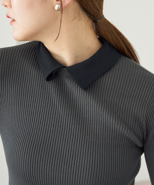 IENA（イエナ）の「バイカラー 襟RIBホールガーメントプルオーバー（ニット/セーター・レディース・チャコールグレー/ブラック・FREE）」の11枚目の写真