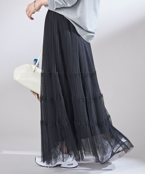 SHIPS（シップス）の「〈手洗い可能〉チュール プリーツ ティアード スカート（スカート・レディース・ブラック/ワイン・ONE SIZE）」の7枚目の写真