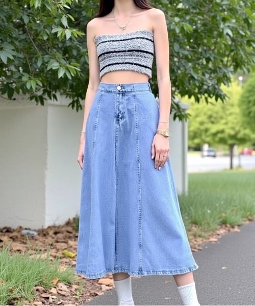 cammie（キャミー）の「デニムフレアスカート（デニムスカート・レディース・ブルー/ライトブルー・MEDIUM/LARGE）」の5枚目の写真
