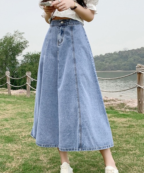 cammie（キャミー）の「デニムフレアスカート（デニムスカート・レディース・ブルー/ライトブルー・MEDIUM/LARGE）」の4枚目の写真
