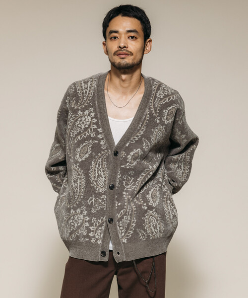 セール】ペイズリー総柄 モール糸 ニットカーディガン/リラックス