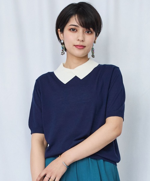 JETSET SOLO PLUS (ジェットセットソロプラス)の「【ARTLOVE】シロ襟コンビ 5分袖ニット(ニット/セーター・レディース・キャメル/ネイビー・36)」の1枚目の写真