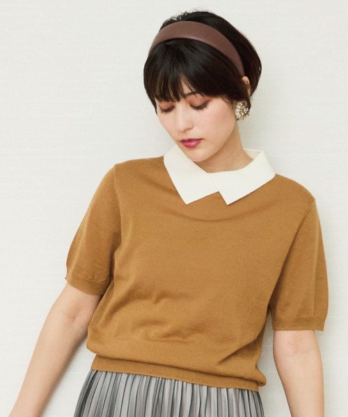 JETSET SOLO PLUS (ジェットセットソロプラス)の「【ARTLOVE】シロ襟コンビ 5分袖ニット(ニット/セーター・レディース・キャメル/ネイビー・36)」の2枚目の写真