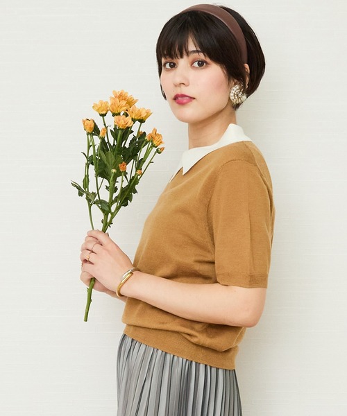 JETSET SOLO PLUS (ジェットセットソロプラス)の「【ARTLOVE】シロ襟コンビ 5分袖ニット(ニット/セーター・レディース・キャメル/ネイビー・36)」の3枚目の写真