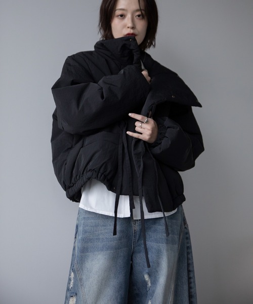 o ランバンオンブルー ダウンジャケット リボン 黒 フリル襟 ショート丈 LANVIN en Bleu/ランバンオンブルー フリル付き コート ダウン