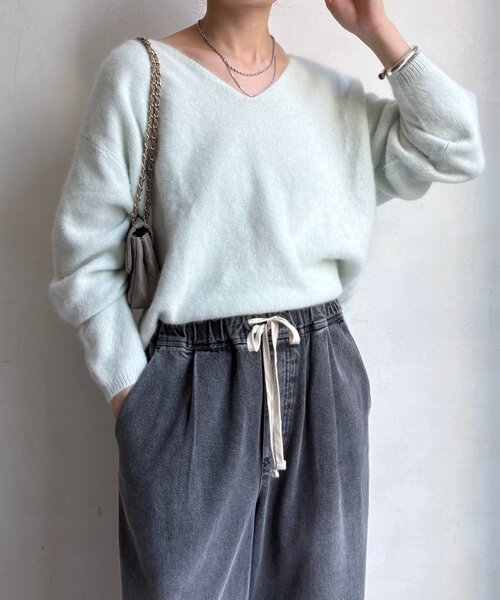 DouDou（ドゥドゥ）の「ファーウール深Vプルオーバー（ニット/セーター・レディース・チャコールグレー/ミント/モカ・FREE）」の3枚目の写真