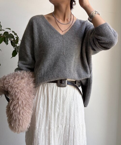 DouDou（ドゥドゥ）の「ファーウール深Vプルオーバー（ニット/セーター・レディース・チャコールグレー/ミント/モカ・FREE）」の22枚目の写真