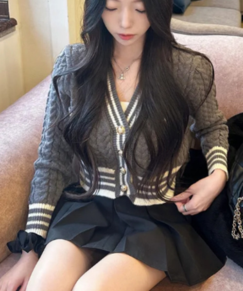 セール】ケーブル編み ショート丈 ニットカーディガン（ニット