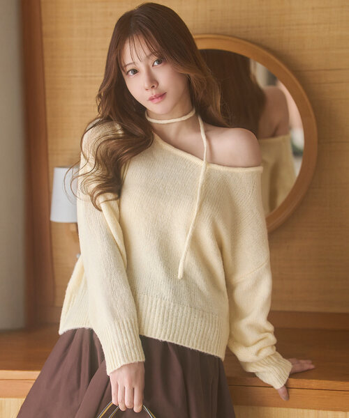 セール】[ 小澤美里さんコラボ ]チョーカーリボンワンショルダーニット