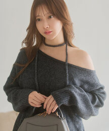 [ 小澤美里さんコラボ ]チョーカーリボンワンショルダーニットトップス