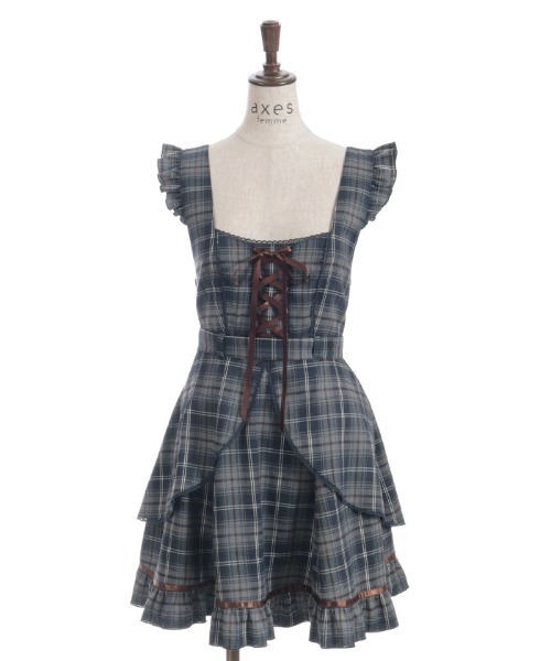 axes femme(アクシーズファム)の「チェック柄編上ジャンスカ(ジャンパースカート・レディース・ネイビー/ダークブラウン/ラベンダー・FREE)」の4枚目の写真