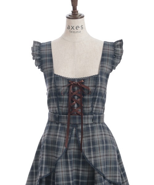 axes femme(アクシーズファム)の「チェック柄編上ジャンスカ(ジャンパースカート・レディース・ネイビー/ダークブラウン/ラベンダー・FREE)」の7枚目の写真