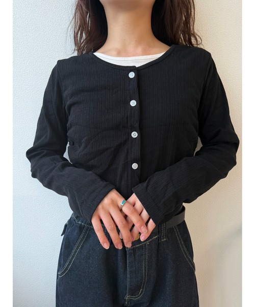 Geeong(ジーオン)の「【ZOZO限定】バイカラー レイヤード カーディガン 長袖(カーディガン/ボレロ・レディース・ブラウン/グレー/ブラック・FREE)」の4枚目の写真