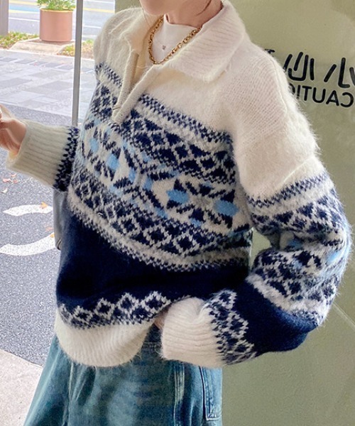 セール】ノルディック柄ハーフジップニットプルオーバー（ニット