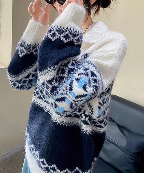 セール】ノルディック柄ハーフジップニットプルオーバー（ニット