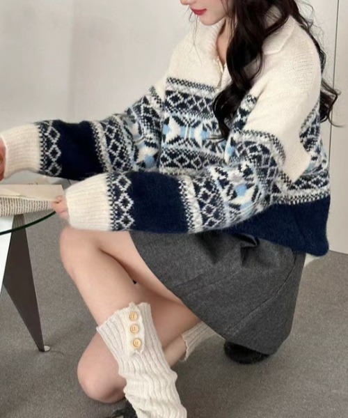 セール】ノルディック柄ハーフジップニットプルオーバー（ニット