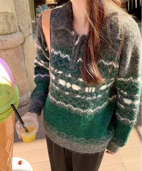 セール】ノルディック柄ハーフジップニットプルオーバー（ニット