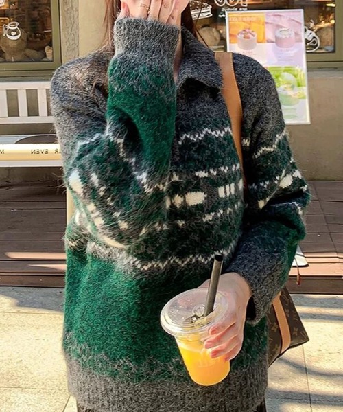 セール】ノルディック柄ハーフジップニットプルオーバー（ニット