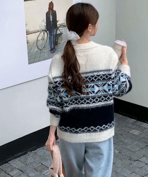 セール】ノルディック柄ハーフジップニットプルオーバー（ニット