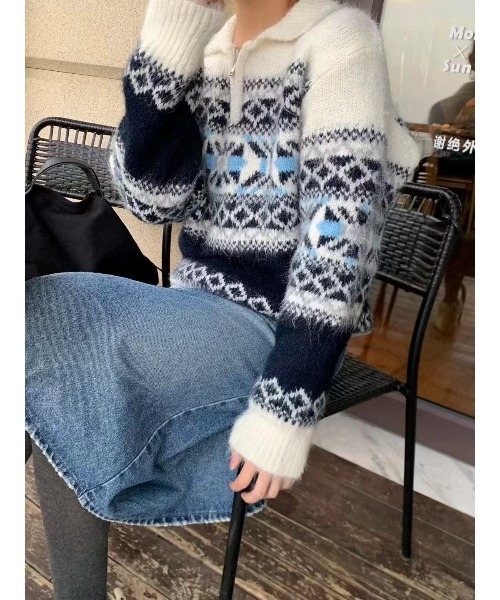 セール】ノルディック柄ハーフジップニットプルオーバー（ニット