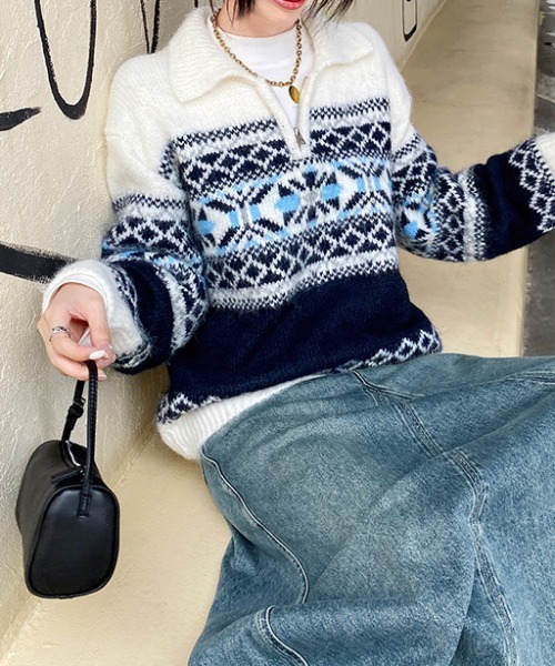 セール】ノルディック柄ハーフジップニットプルオーバー（ニット