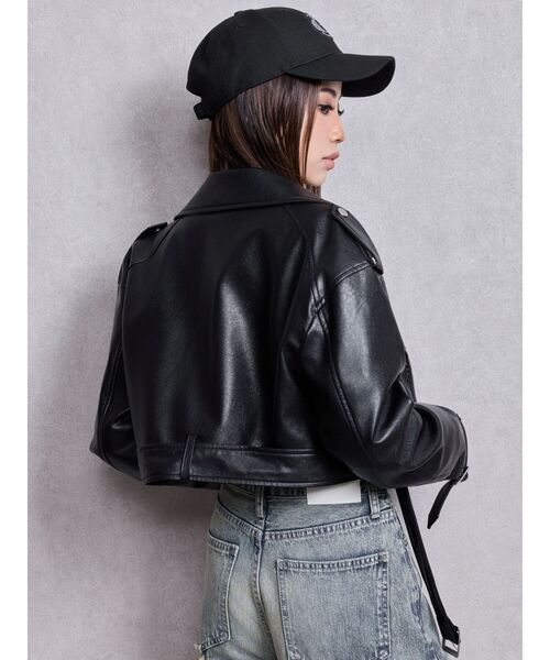 GYDA（ジェイダ）の「Fake leather shortジャケット（ライダースジャケット・レディース・ブラウン/ブラック・FREE）」の4枚目の写真