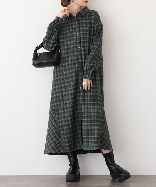A.N.L（エーエヌエル　レーベル）の「A.N.Lタータンチェックネルシャツワンピース（シャツワンピース・レディース・ブラック/グリーン・38）」の2枚目の写真