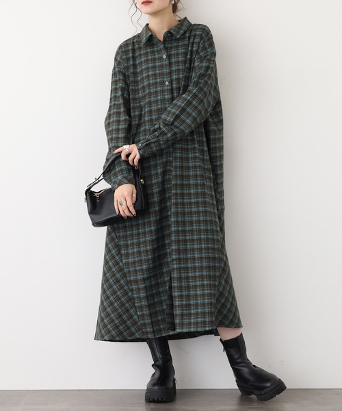 A.N.L（エーエヌエル　レーベル）の「A.N.Lタータンチェックネルシャツワンピース（シャツワンピース・レディース・ブラック/グリーン・38）」の9枚目の写真