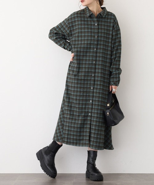A.N.L（エーエヌエル　レーベル）の「A.N.Lタータンチェックネルシャツワンピース（シャツワンピース・レディース・ブラック/グリーン・38）」の8枚目の写真