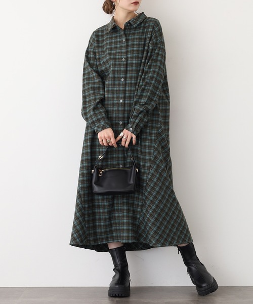 A.N.L（エーエヌエル　レーベル）の「A.N.Lタータンチェックネルシャツワンピース（シャツワンピース・レディース・ブラック/グリーン・38）」の10枚目の写真