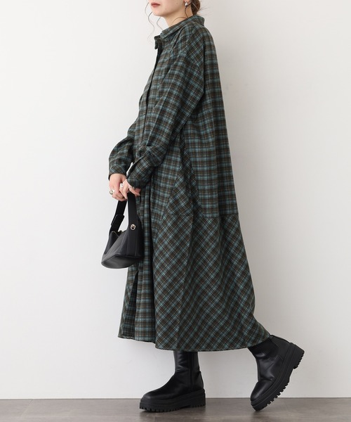 A.N.L（エーエヌエル　レーベル）の「A.N.Lタータンチェックネルシャツワンピース（シャツワンピース・レディース・ブラック/グリーン・38）」の11枚目の写真