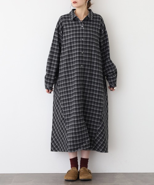 A.N.L（エーエヌエル　レーベル）の「A.N.Lタータンチェックネルシャツワンピース（シャツワンピース・レディース・ブラック/グリーン・38）」の14枚目の写真
