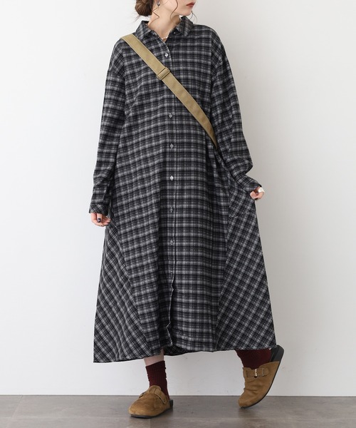A.N.L（エーエヌエル　レーベル）の「A.N.Lタータンチェックネルシャツワンピース（シャツワンピース・レディース・ブラック/グリーン・38）」の3枚目の写真