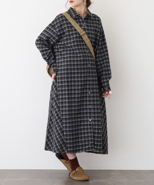 A.N.L（エーエヌエル　レーベル）の「A.N.Lタータンチェックネルシャツワンピース（シャツワンピース・レディース・ブラック/グリーン・38）」の4枚目の写真