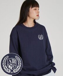 シールドエンブレムラウンドネック13番手コットンロングスリーブTシャツ_ネイビー