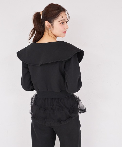 tocco closet(トッコ クローゼット)の「ビジューファスナー付きビックカラー裏起毛ブルゾン(パーカー・レディース・ブラック/ライトグレー・M)」の9枚目の写真
