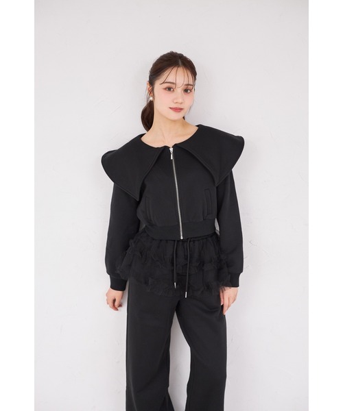 tocco closet(トッコ クローゼット)の「ビジューファスナー付きビックカラー裏起毛ブルゾン(パーカー・レディース・ブラック/ライトグレー・M)」の7枚目の写真