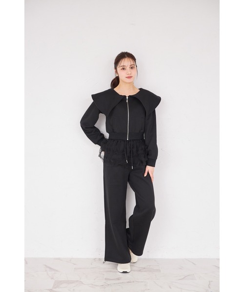 tocco closet(トッコ クローゼット)の「ビジューファスナー付きビックカラー裏起毛ブルゾン(パーカー・レディース・ブラック/ライトグレー・M)」の4枚目の写真