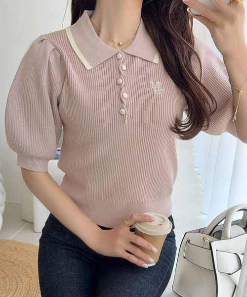 mily bilet(ミウィビレット)の「【mily bilet】配色×くすみカラーで魅せる、ずるい清楚さ。配色ラインポロニット (半袖)(ポロシャツ・レディース・ピンク/チャコール/アイボリー・LARGE/MEDIUM/SMALL/X-LARGE)」の15枚目の写真