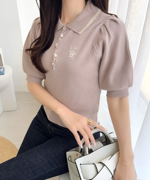 mily bilet(ミウィビレット)の「【mily bilet】配色×くすみカラーで魅せる、ずるい清楚さ。配色ラインポロニット (半袖)(ポロシャツ・レディース・ピンク/チャコール/アイボリー・LARGE/MEDIUM/SMALL/X-LARGE)」の13枚目の写真