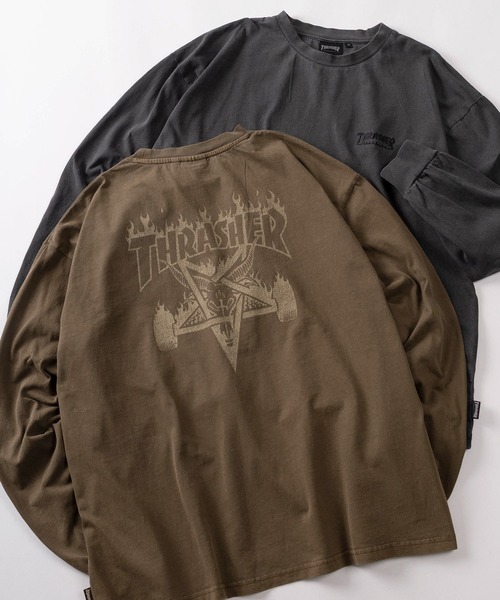 THRASHER（スラッシャー）の「【70】【THRASHER/スラッシャー】ピグメント加工 ワンポイント刺繍 袖フレイム バックプリント ロングスリーブTシャツ（Tシャツ/カットソー・メンズ・グレー/チャコールグレー/ライトグレー/ダークグレー/ブラウン/ブラウン系その他/ピンク/ピンク系その他・M/L/XL）」の6枚目の写真