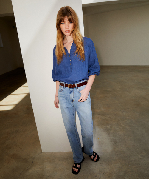 RIDIFI(リディフィ)の「OPEN COLLAR BUTTON LINEN BLOUSE_BLUE(シャツ/ブラウス・レディース・その他・FREE)」の1枚目の写真