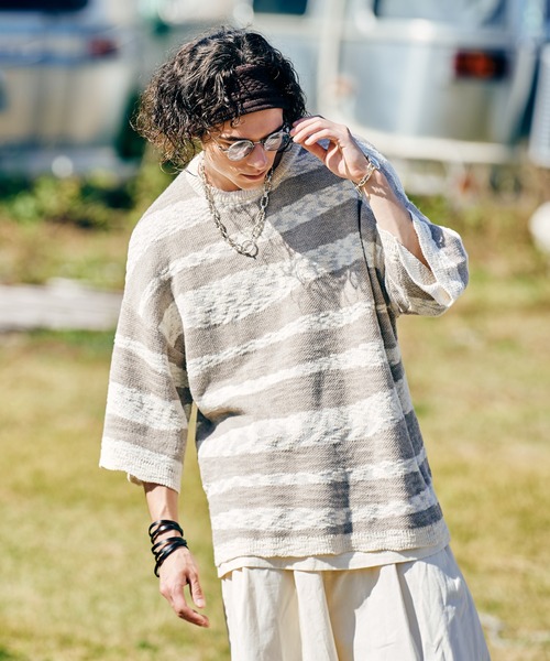 glamb(グラム)の「Random Border Summer Knit / ランダムボーダーサマーニット(ニット/セーター・メンズ・ホワイト/レッド・M/L)」の2枚目の写真