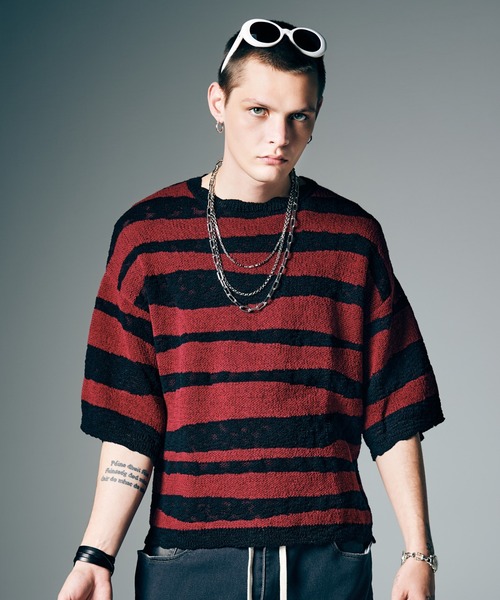glamb(グラム)の「Random Border Summer Knit / ランダムボーダーサマーニット(ニット/セーター・メンズ・ホワイト/レッド・M/L)」の7枚目の写真