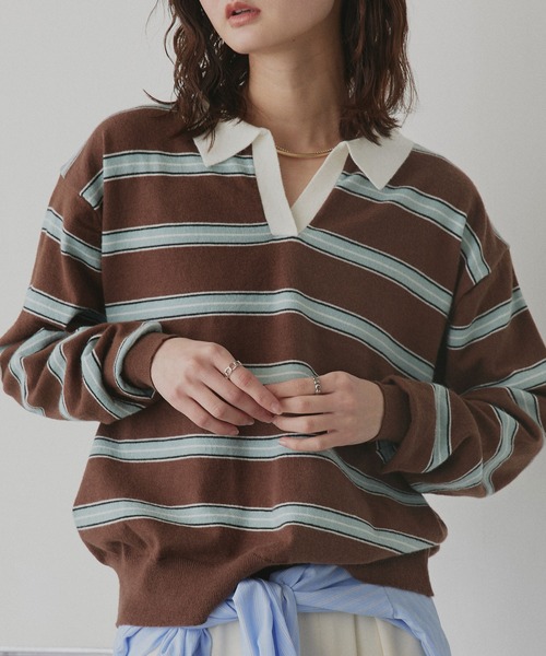 ad thie(アドティエ)の「マルチボーダー ラガー ニット(ニット/セーター・レディース・ブラウン/ライトグレー/グレー・FREE)」の3枚目の写真