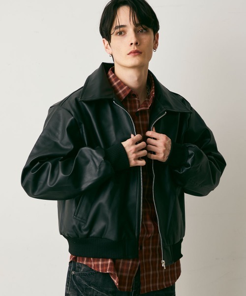 セール】Synthetic leather Cropped Jacket / 合成皮革クロップド丈