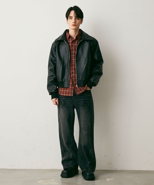 セール】Synthetic leather Cropped Jacket / 合成皮革クロップド丈
